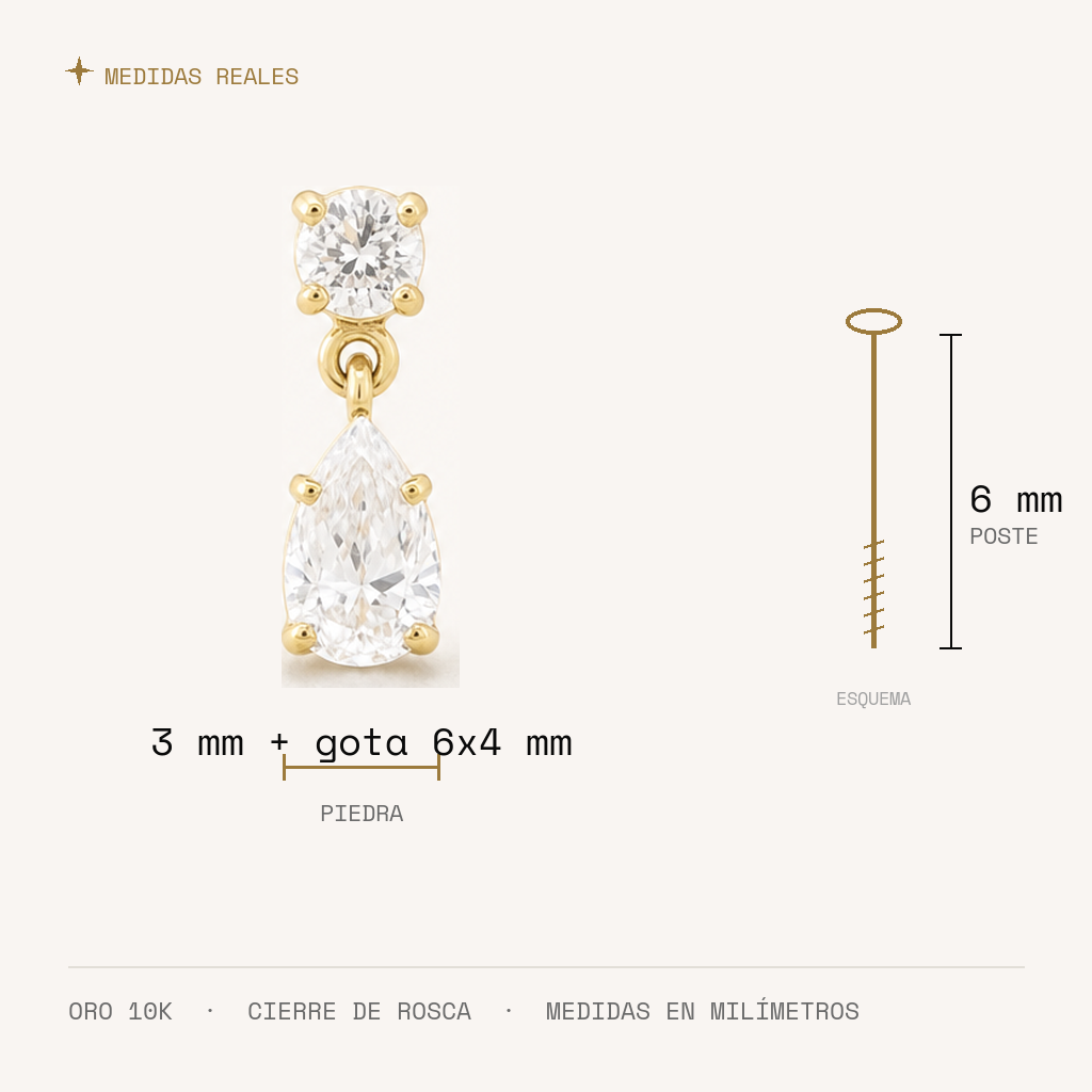 Broquel Colgante Gota Zirconia Blanca Oro 10K — medidas reales
