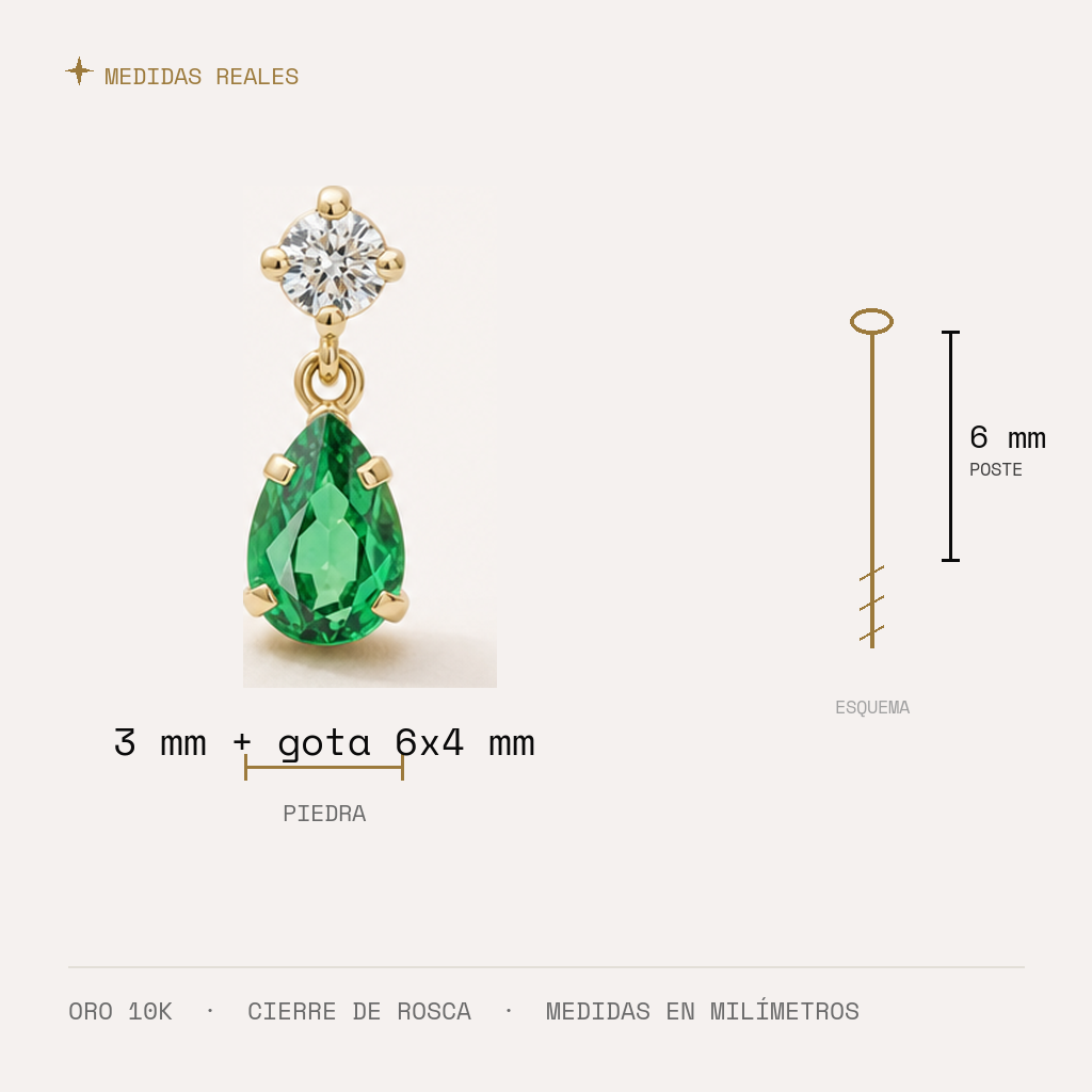 Broquel Colgante Gota Esmeralda Oro 10K — medidas reales