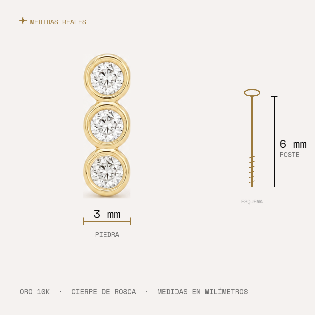 Broquel Tres Biseles Zirconia Oro 10K — medidas reales