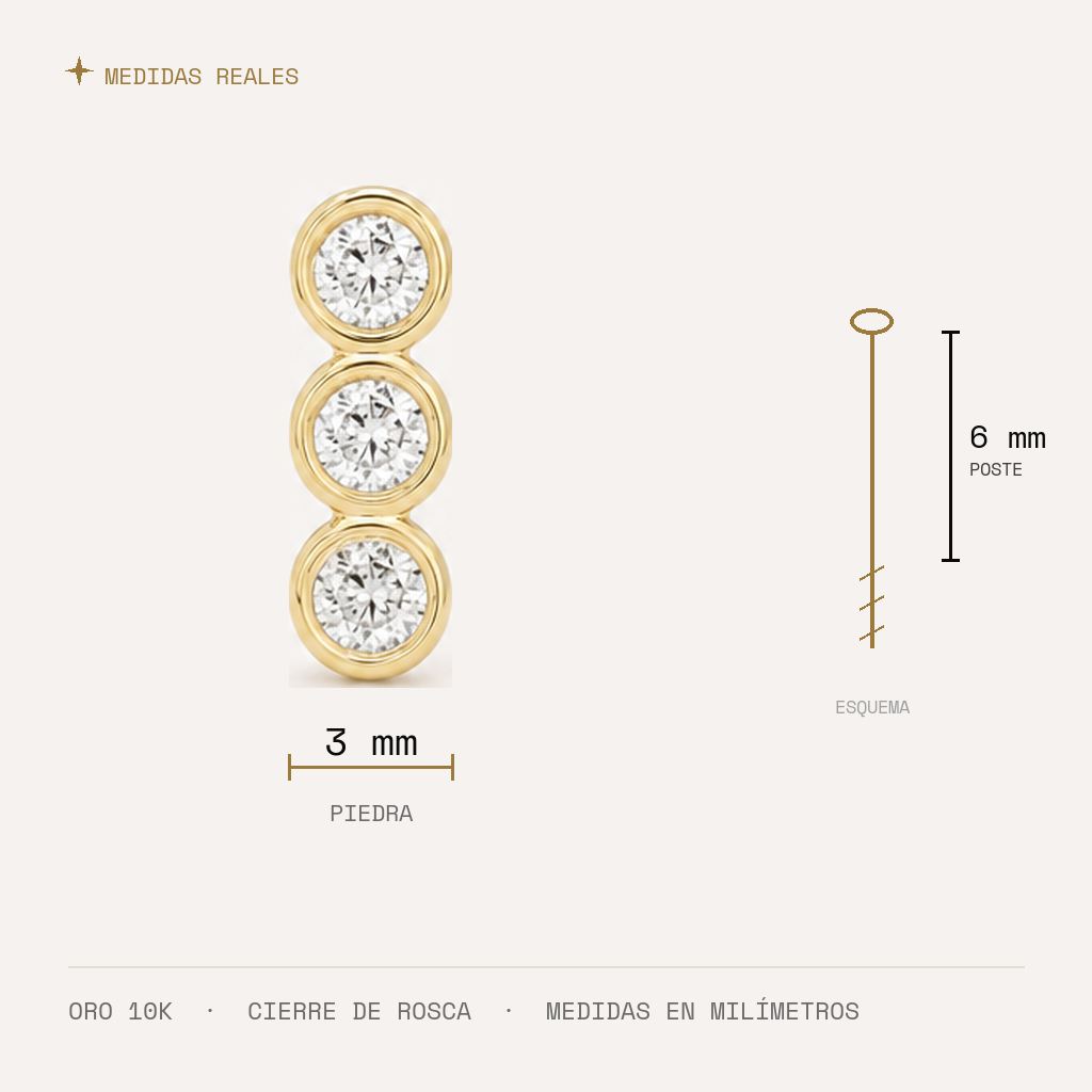Broquel Tres Biseles Zirconia Oro 10K — medidas reales