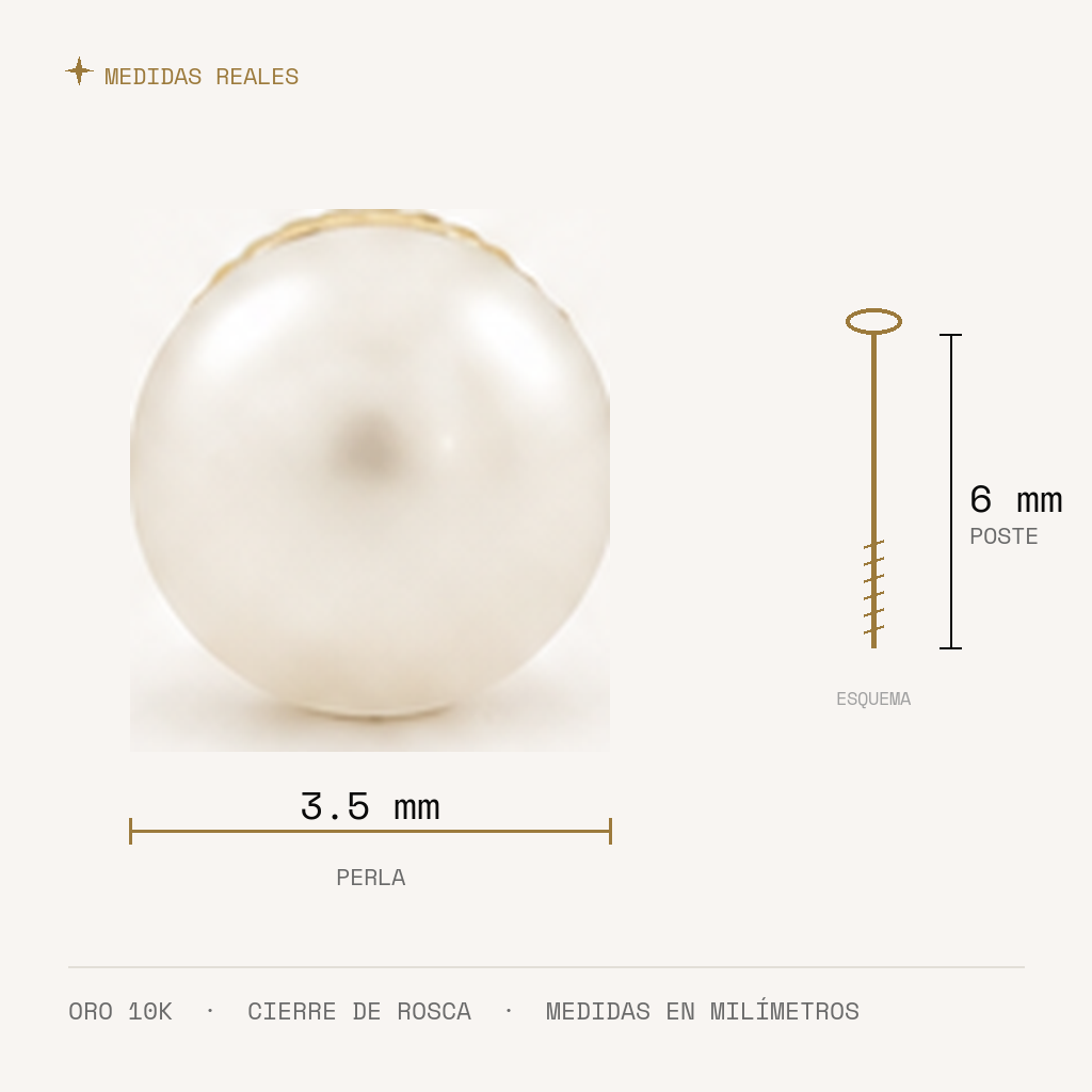 Broquel Perla 3.5 mm Oro 10K — medidas reales