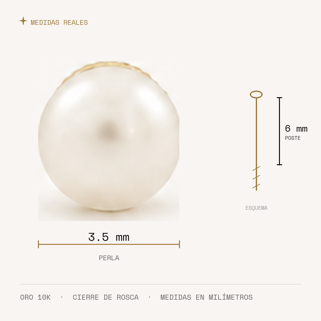 Broquel Perla 3.5 mm Oro 10K — medidas reales