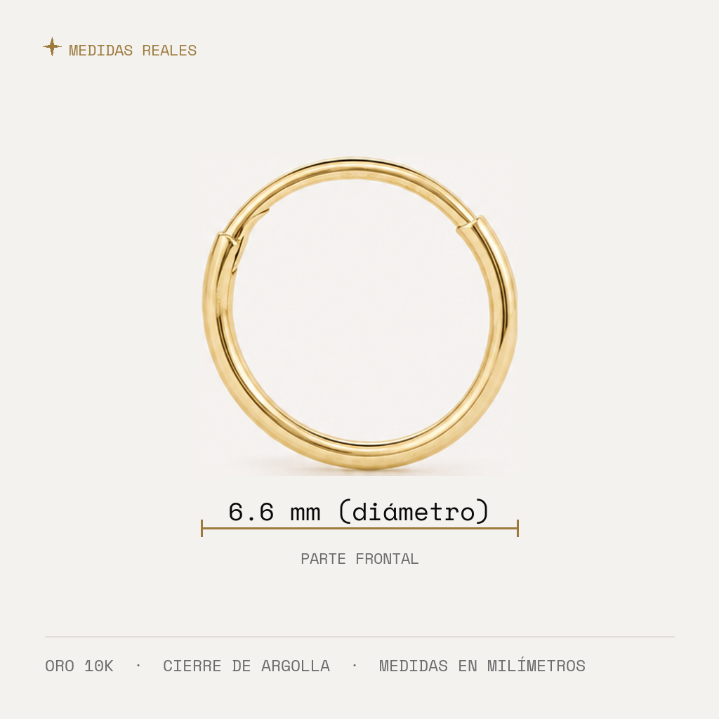 Arracada Lisa 6.6 mm Oro 10K — medidas reales