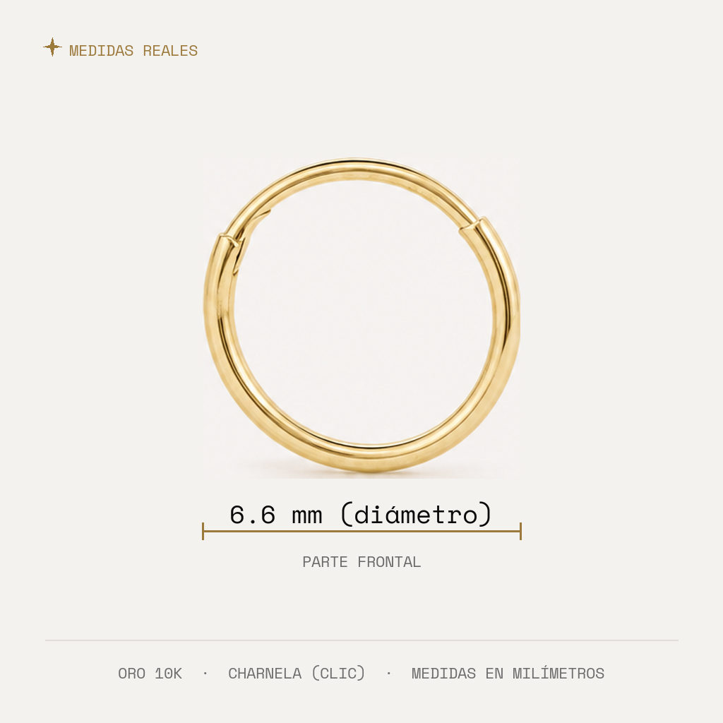 Arracada Lisa 6.6 mm Oro 10K — medidas reales