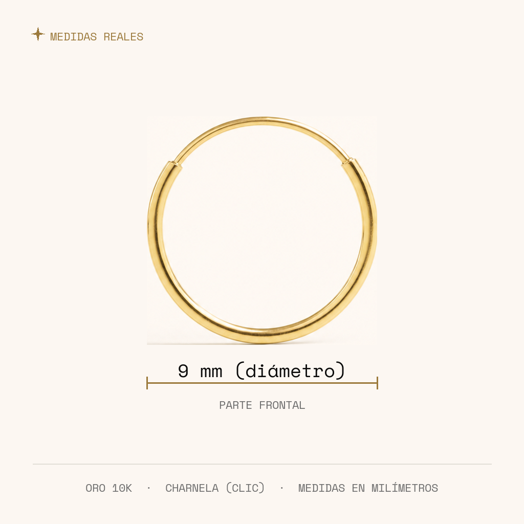 Arracada Lisa 9 mm Oro 10K — medidas reales