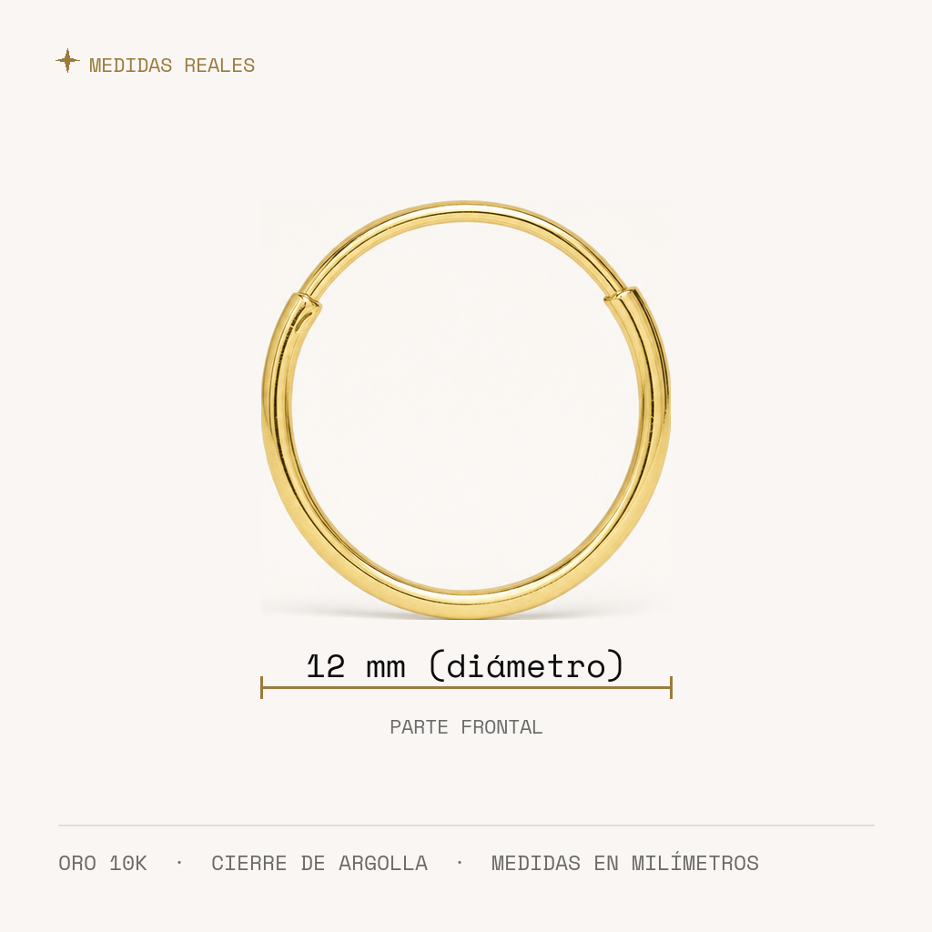 Arracada Lisa 12 mm Oro 10K — medidas reales