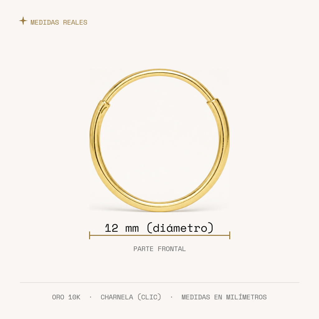 Arracada Lisa 12 mm Oro 10K — medidas reales