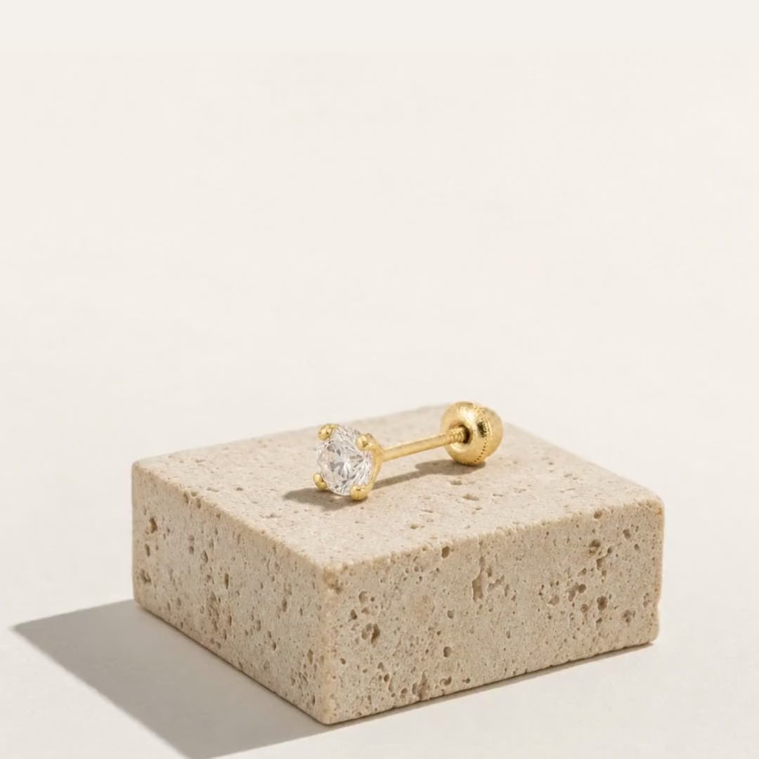 Broquel Solitario Zirconia Blanca 3 mm Oro 10K — ficha técnica animada